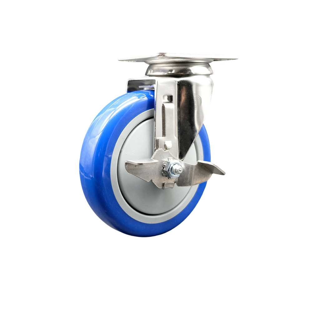 SCC-SS31620S514-PPUB-BLUE-TLB Polyurethane Swivel Top Plate Caster with 5 in. 316 Stainless Steel Blue Caster Wheel & Top Lock Brake