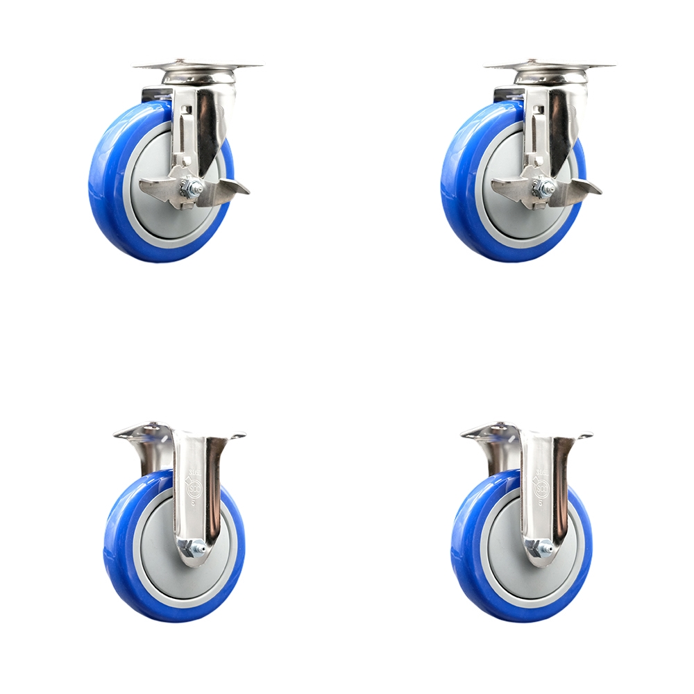 SCC-SS31620S514-PPUB-BLUE-TLB-2-R-2 Polyurethane Swivel Top Plate Caster with 5 in. 316 Stainless Steel Blue Wheels - Set of 4
