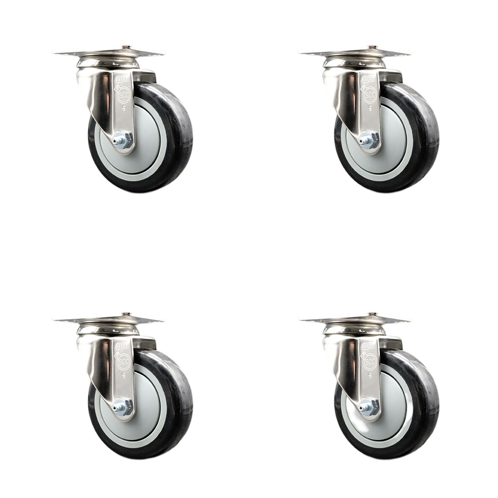 SCC-SS31620S414-PPUB-BLK-4 Polyurethane Swivel Top Plate Caster with 4 in. 316 Stainless Steel Black Wheels - Set of 4