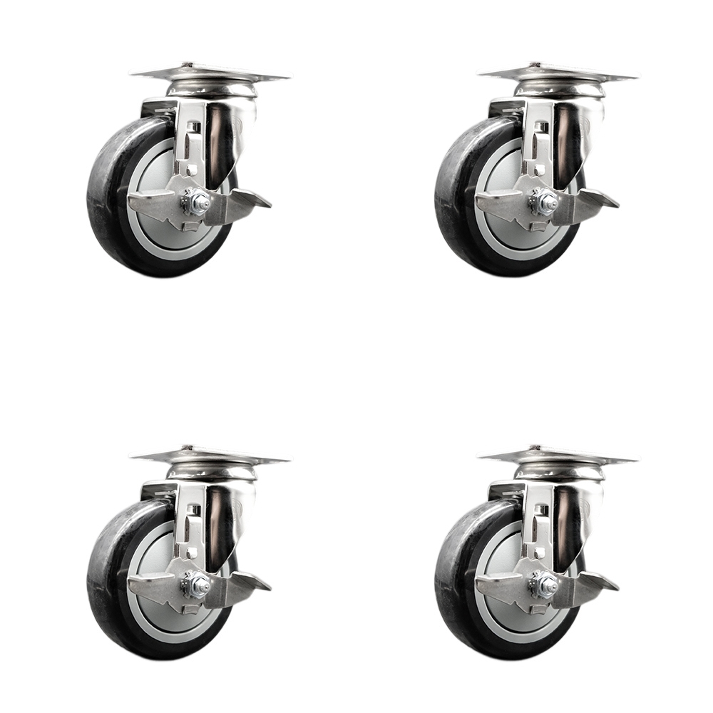 SCC-SS31620S414-PPUB-BLK-TLB-4 Polyurethane Swivel Top Plate Caster with 4 in. 316 Stainless Steel Black Wheels - Set of 4