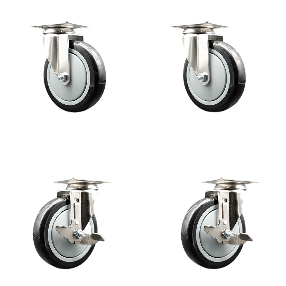 SCC-SS31620S514-PPUB-BLK-2-TLB-2 Polyurethane Swivel Top Plate Caster with 5 in. 316 Stainless Steel Black Wheels - Set of 4