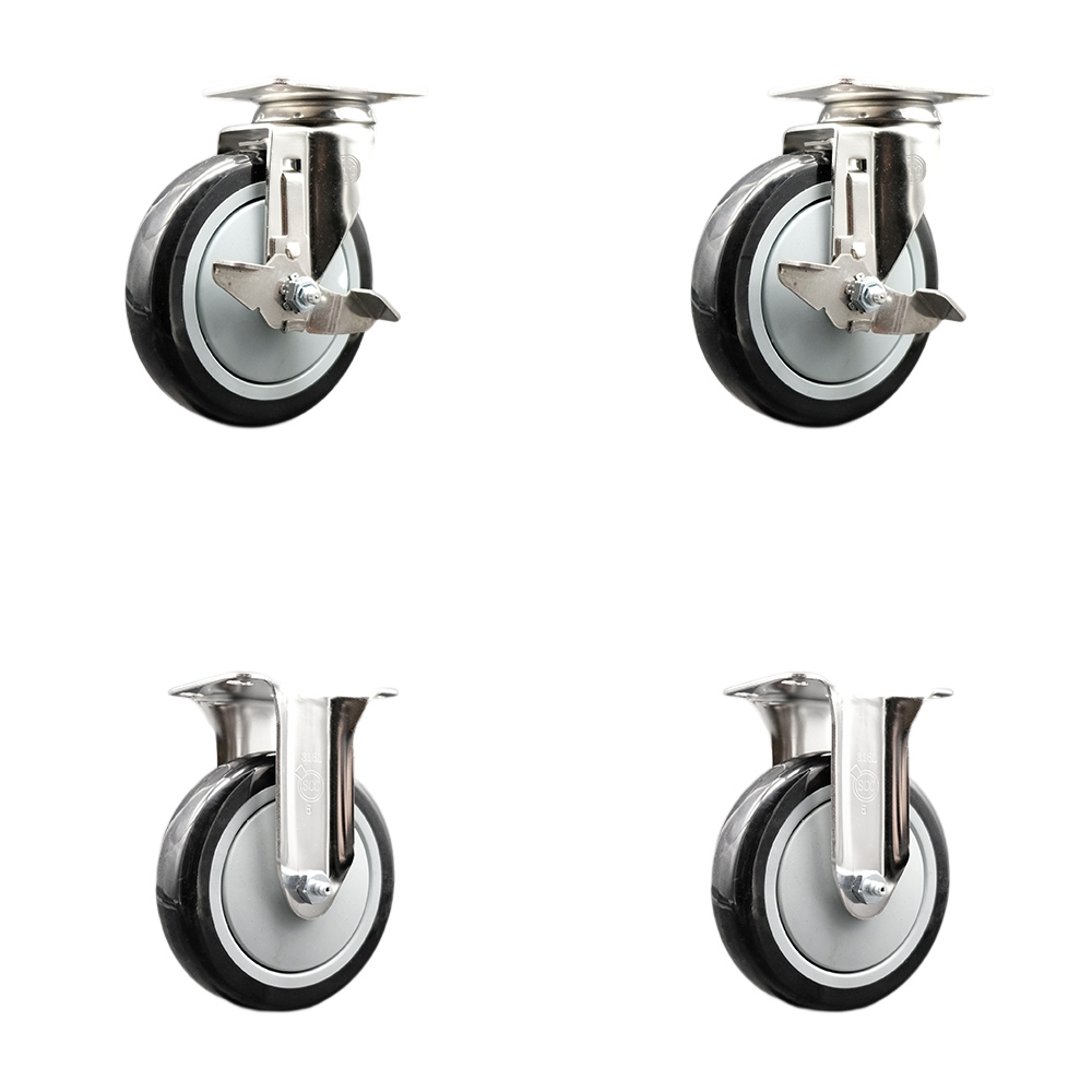 SCC-SS31620S514-PPUB-BLK-TLB-2-R-2 Polyurethane Swivel Top Plate Caster with 5 in. 316 Stainless Steel Black Wheels - Set of 4