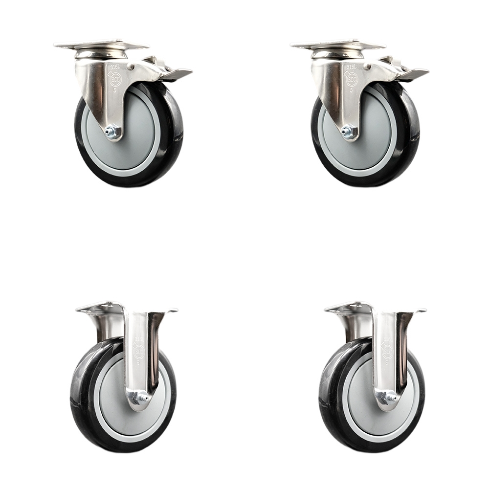 SCC-SS316TTL20S514-PPUB-BLK-2-R-2 Polyurethane Swivel Top Plate Caster with 5 in. 316 Stainless Steel Black Wheels - Set of 4