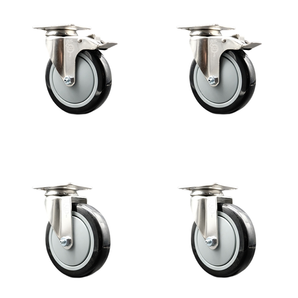 SCC-SS316TTL20S514-PPUB-BLK-2-S-2 Polyurethane Swivel Top Plate Caster with 5 in. 316 Stainless Steel Black Wheels - Set of 4