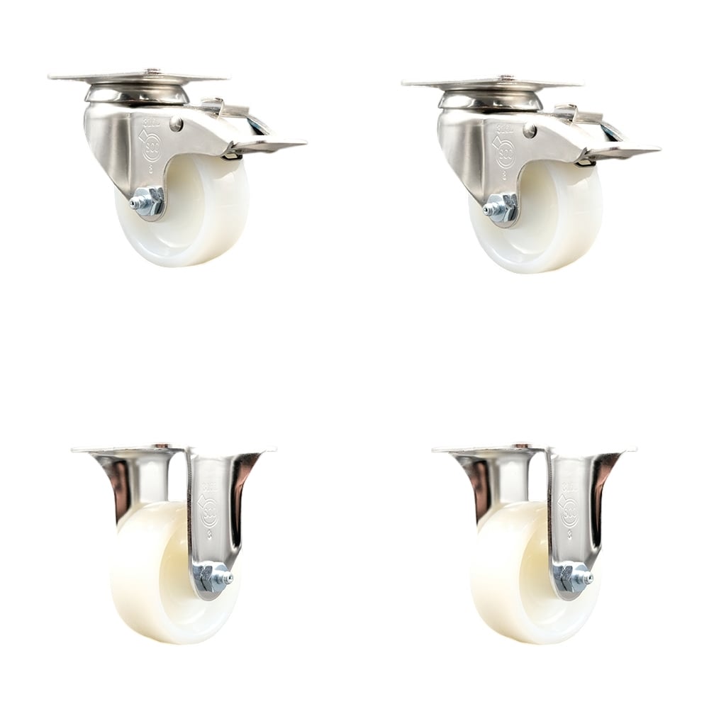 SCC-SS316TTL20S314-NYS-2-R-2 Nylon Swivel Top Plate Caster with 3 in. White Caster Wheels - 316 Stainless Steel Casters - Set of 4