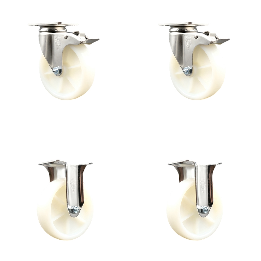 SCC-SS316TTL20S514-NYS-2-R-2 Nylon Swivel Top Plate Caster with 5 in. White Caster Wheels - 316 Stainless Steel Casters - Set of 4