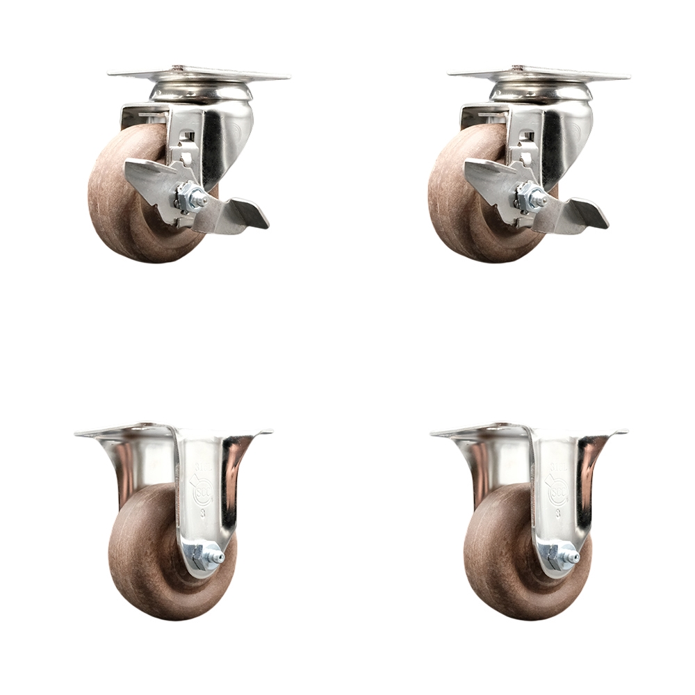 High Temperature Glass Filled Nylon Swivel Top Plate Caster with 3 in. Brown Caster Wheels - 316 Stainless Steel Casters - Set of 4