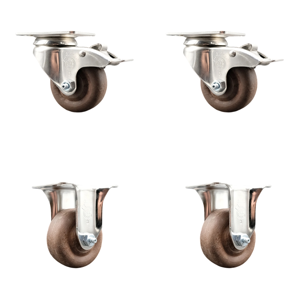 High Temperature Glass Filled Nylon Swivel Top Plate Caster with 3.5 in. Brown Caster Wheels - 316 Stainless Steel Casters - Set of 4