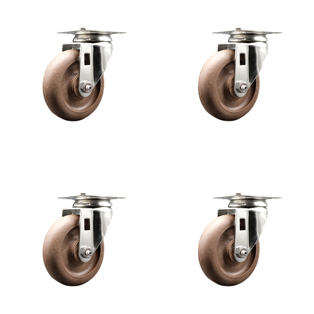 High Temperature Glass Filled Nylon Swivel Top Plate Caster with 4 in. Brown Caster Wheels - 316 Stainless Steel Casters - Set of 4