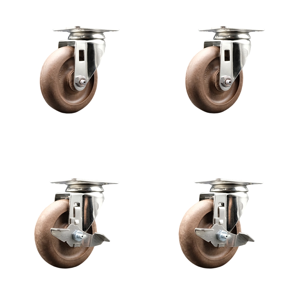 High Temperature Glass Filled Nylon Swivel Top Plate Caster with 4 in. Brown Caster Wheels - 316 Stainless Steel Casters - Set of 4