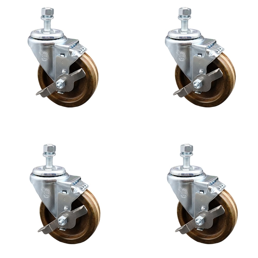 Stainless Steel High Temperature Phenolic Swivel Threaded Stem Caster with 4 x 1.25 in. Brown Wheels & 0.5 in. Stems - Set of 4