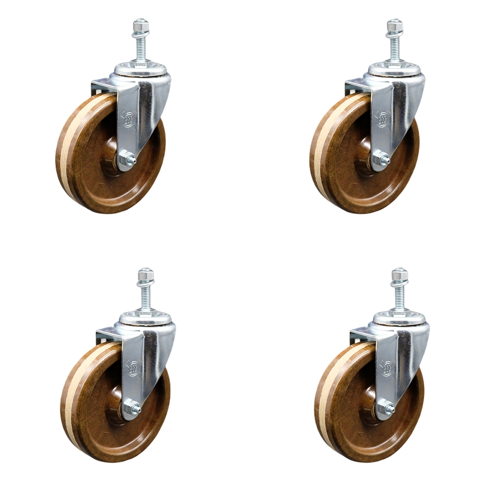 Stainless Steel High Temperature Phenolic Swivel Threaded Stem Caster with 5 x 1.25 in. Brown Wheels & 0.38 in. Stems - Set of 4