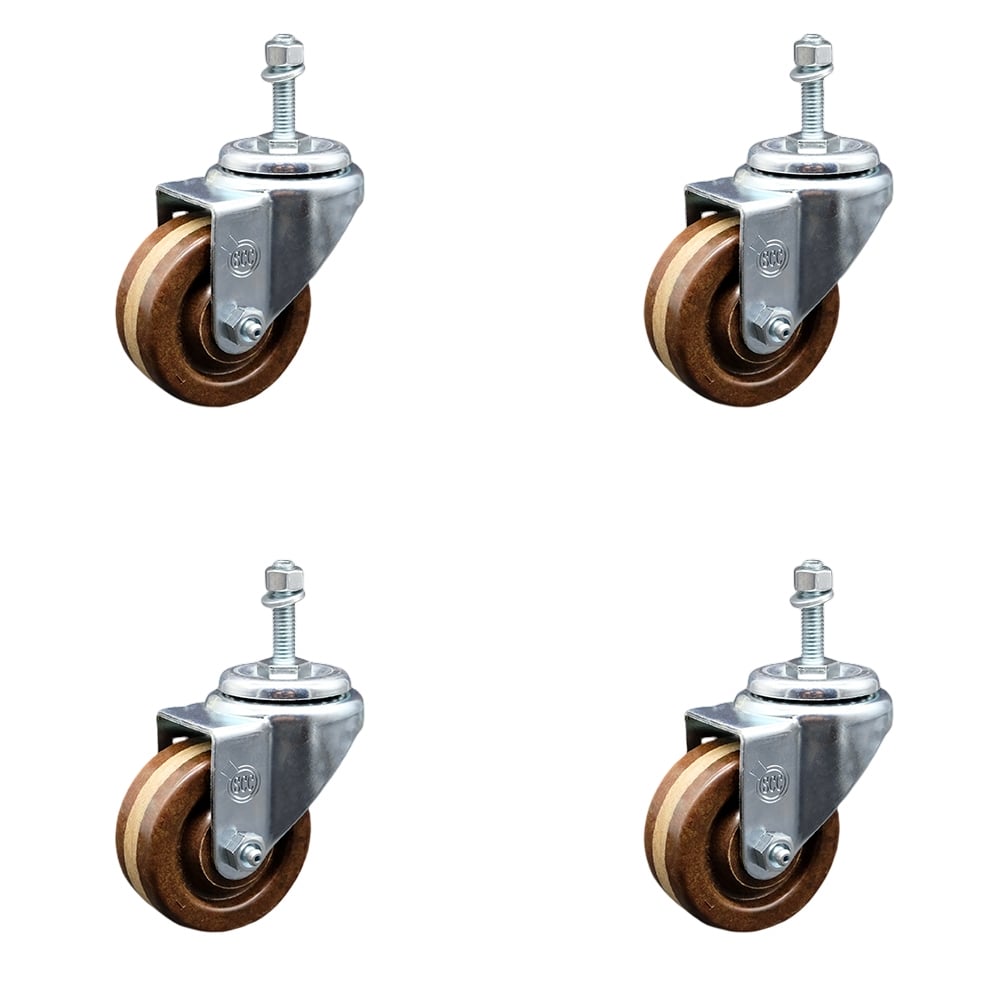 Stainless Steel High Temperature Phenolic Swivel Threaded Stem Caster with 3 x 1.25 in. Brown Wheels & 10 mm Stems - Set of 4
