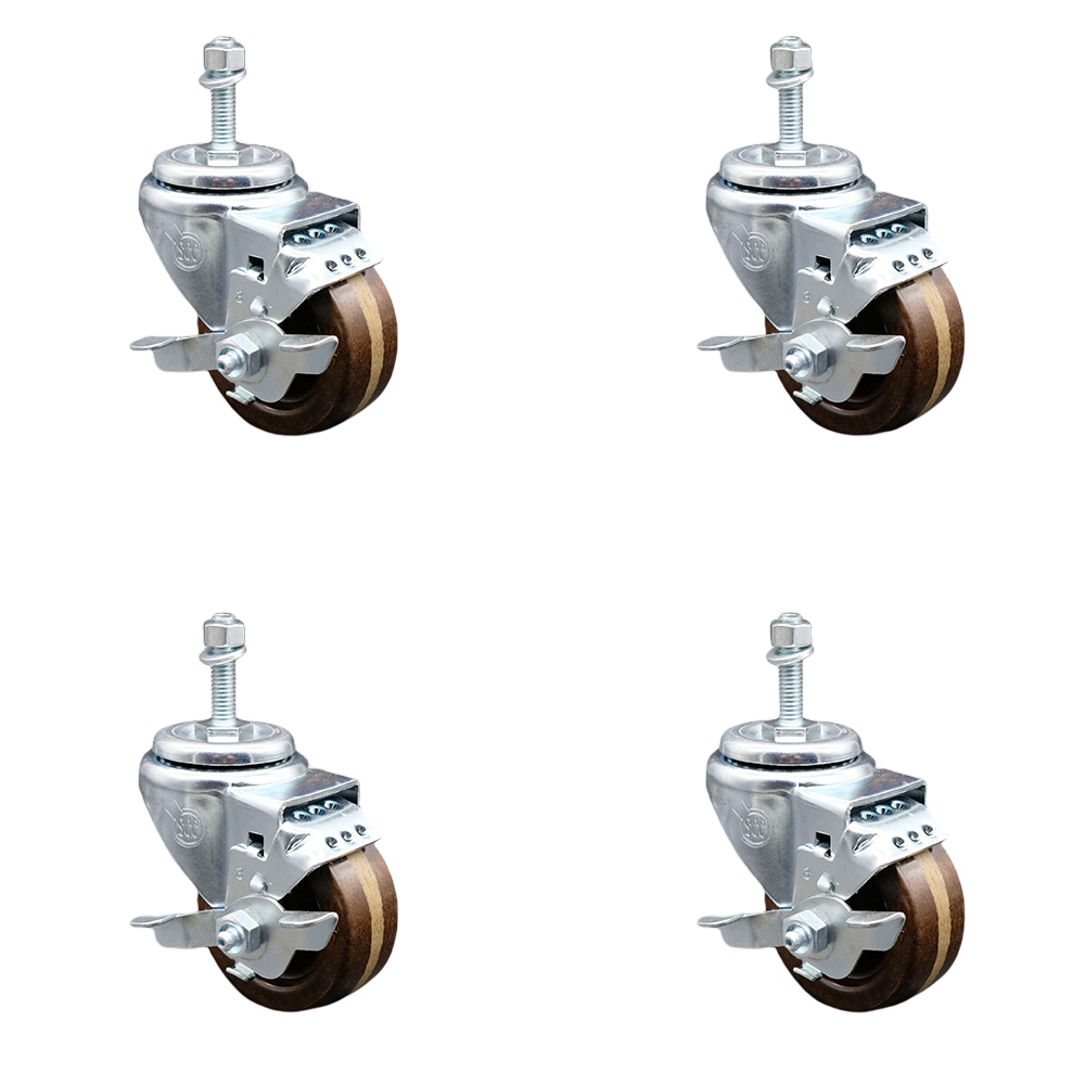 Stainless Steel High Temperature Phenolic Swivel Threaded Stem Caster with 3 x 1.25 in. Brown Wheels & 10 mm Stems - Set of 4
