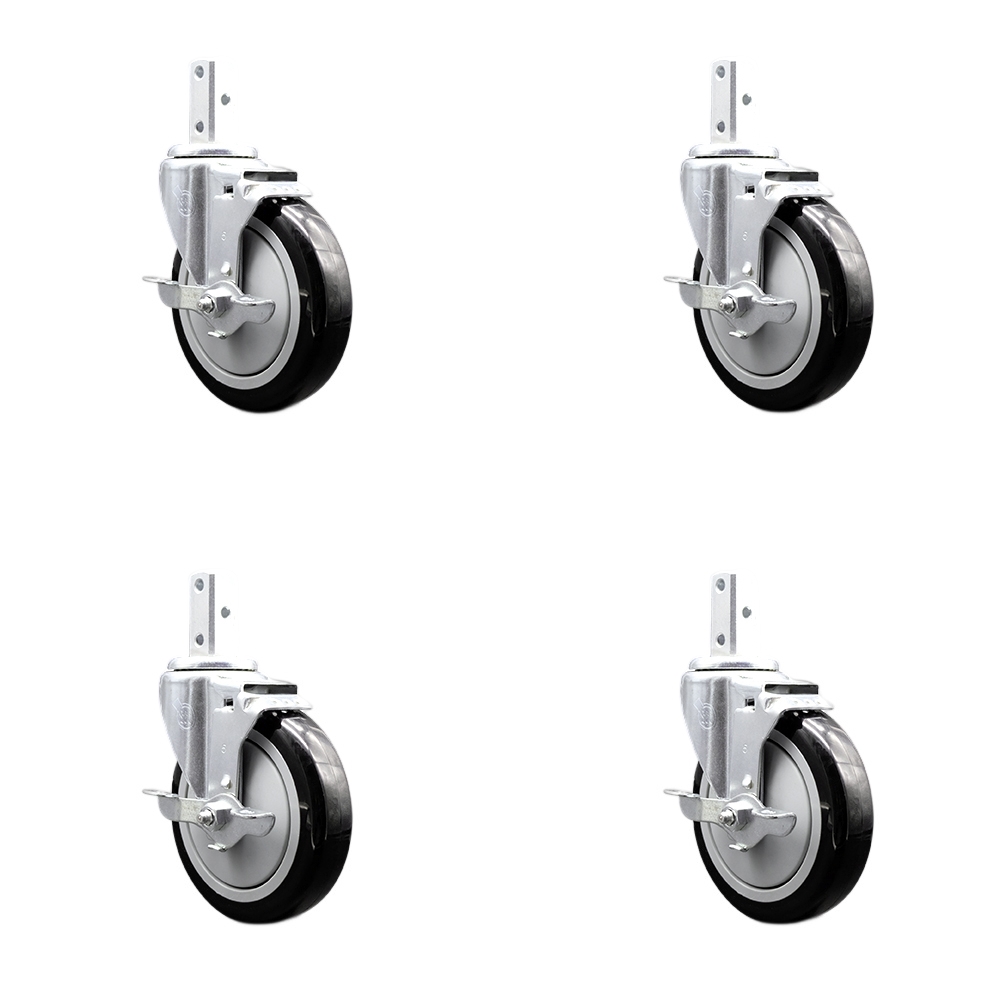 Swivel Square Stem Caster with 5 x 1.25 in. Black Poly Wheel, 0.87 x 2 in. Square Stem with 3 0.26 in. Diameter Mounting Holes - Set of 4