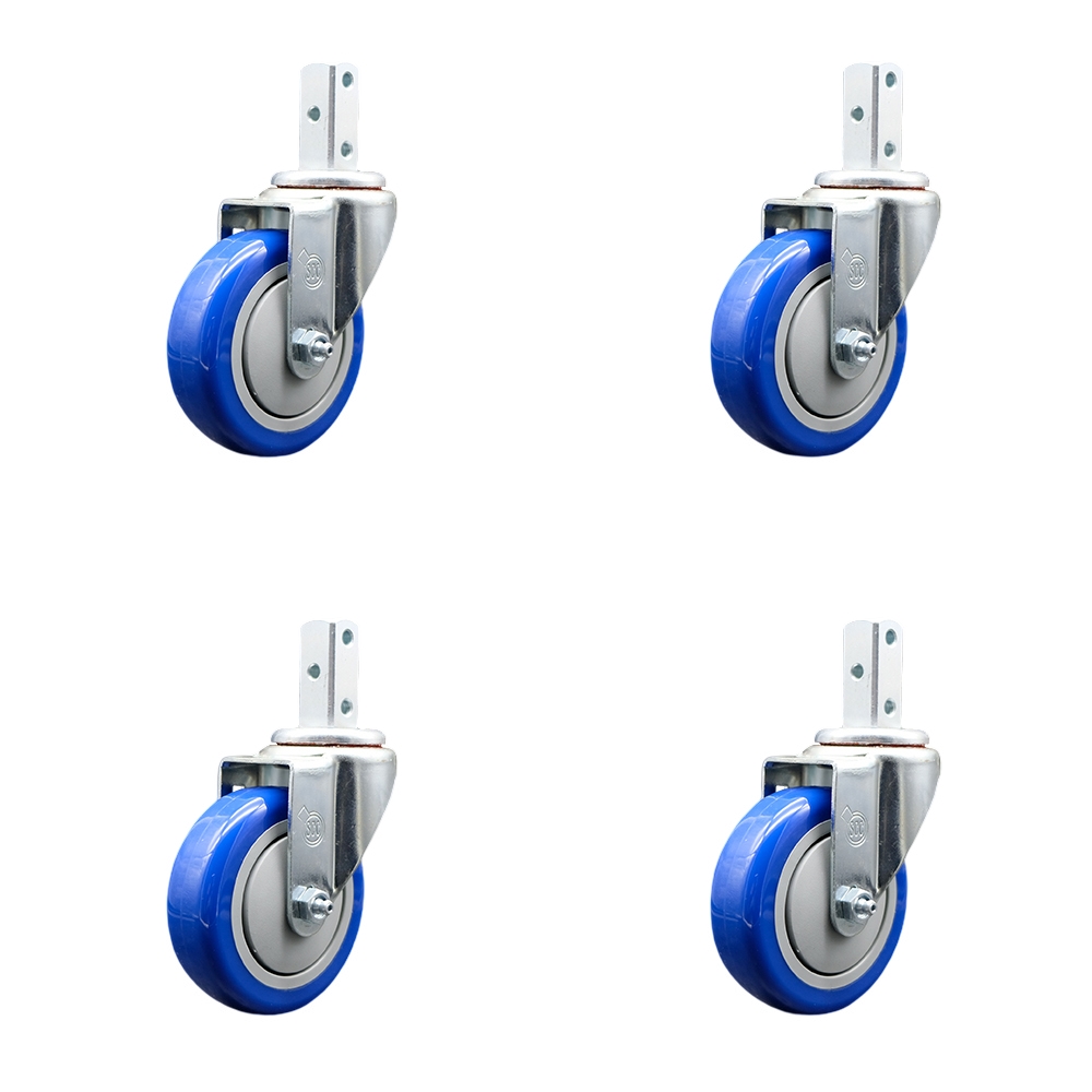 Swivel Square Stem Caster with 4 x 1.25 in. Blue Polyurethane Wheel, 0.75 x 2 in. Square Stem with 3 0.26 in. Diameter Mounting Holes - Set of 4