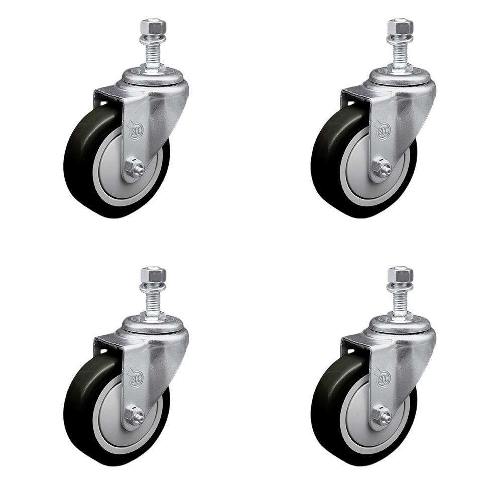 SCC-SSTS20S414-PPUB-BLK-121315-4 Stainless Steel Polyurethane Swivel Threaded Stem Caster with 4 x 1.25 in. Black Wheels & 0.5 in. Stems - Set of 4