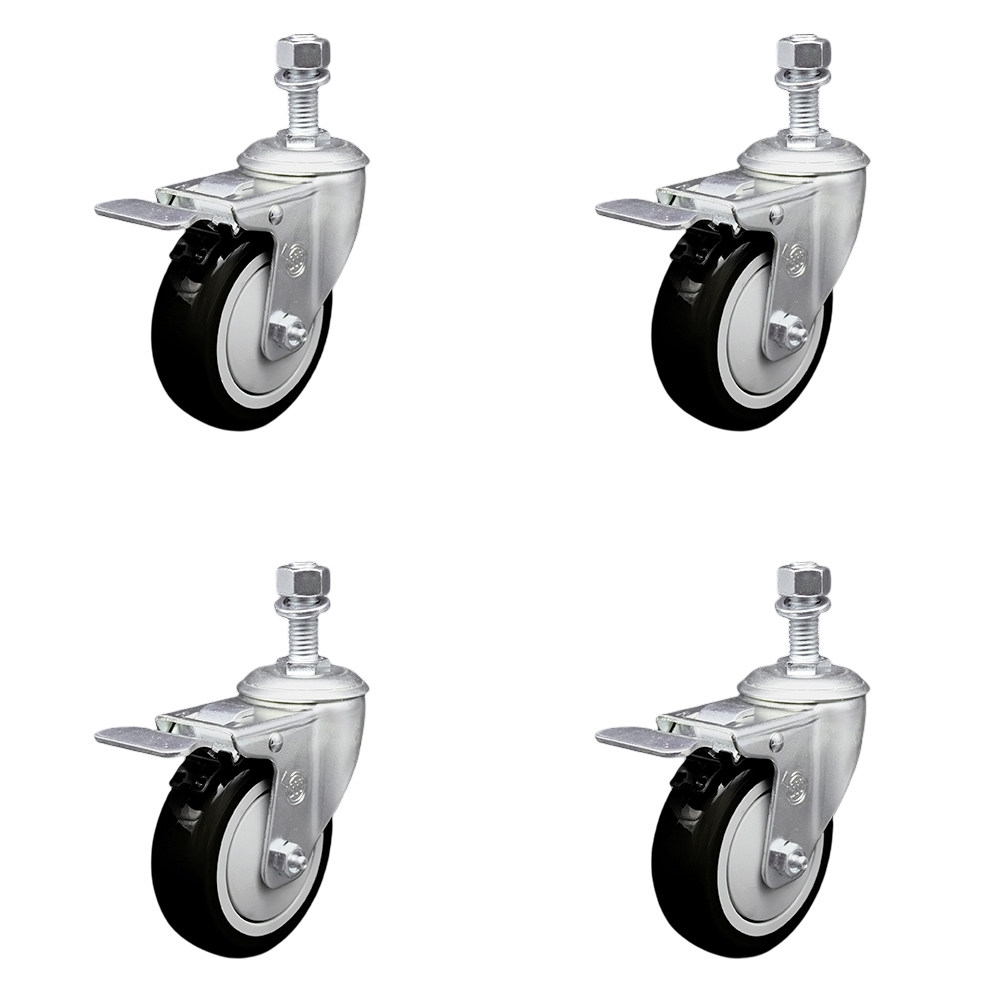 Stainless Steel Polyurethane Swivel Threaded Stem Caster with 4 x 1.25 in. Black Wheels & 0.5 in. Stems - Set of 4