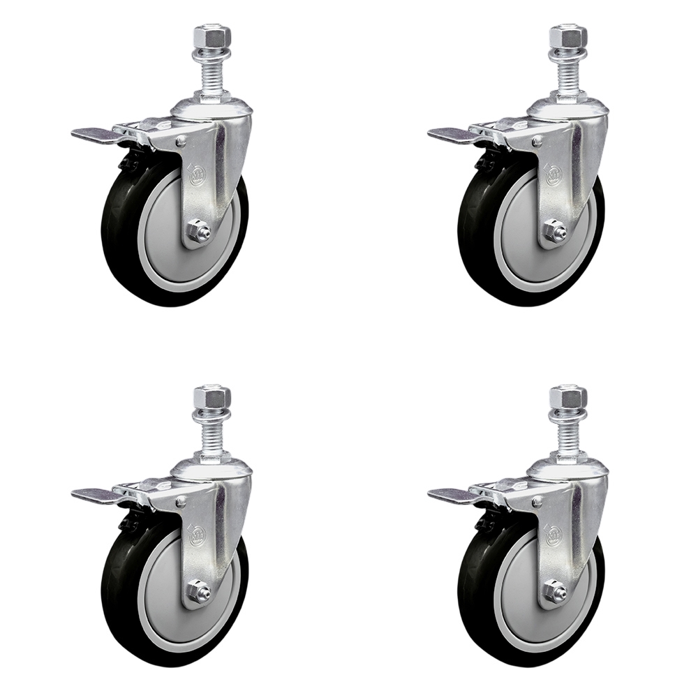 Stainless Steel Polyurethane Swivel Threaded Stem Caster with 5 x 1.25 in. Black Wheels & 0.5 in. Stems - Set of 4