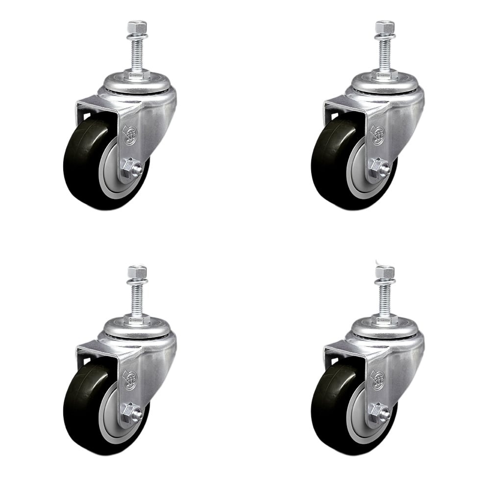 Stainless Steel Polyurethane Swivel Threaded Stem Caster with 3.5 x 1.25 in. Black Wheels & 0.38 in. Stems - Set of 4
