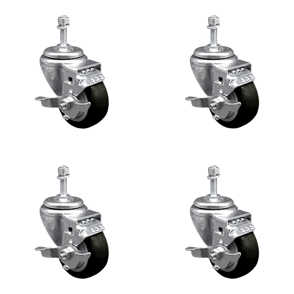 SCC-TS20S314-PPUB-BLK-TLB-M1015-4 Polyurethane Swivel Threaded Stem Caster with 3 x 1.25 in. Black Wheels & 10 mm Stems - Set of 4