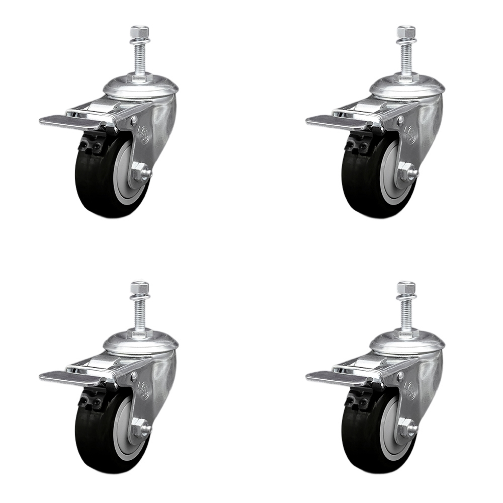SCC-SSTSTTL20S314-PPUB-BLK-M1015-4 Stainless Steel Polyurethane Swivel Threaded Stem Caster with 3 x 1.25 in. Black Wheels & 10 mm Stems - Set of 4