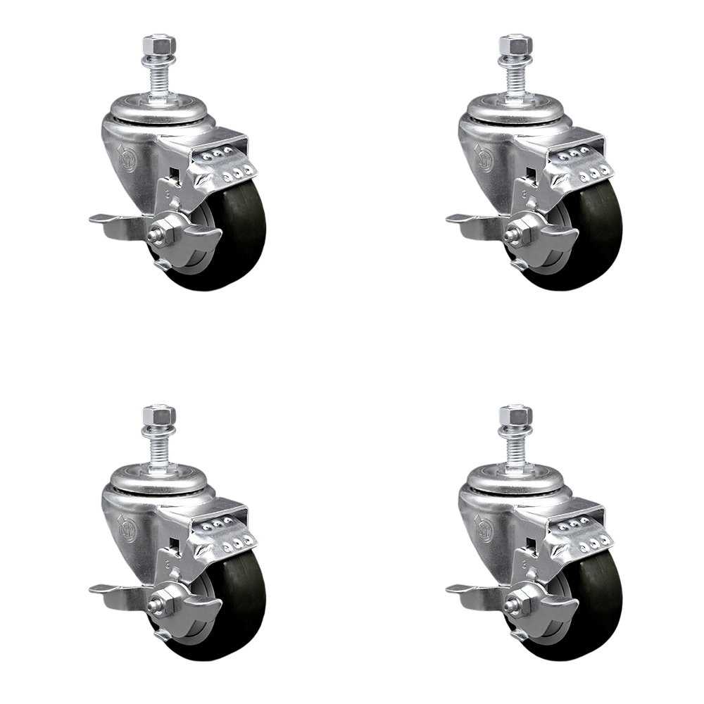 SCC-TS20S3514-PPUB-BLK-TLB-M1215-4 Polyurethane Swivel Threaded Stem Caster with 3.5 x 1.25 in. Black Wheels & 12 mm Stems - Set of 4