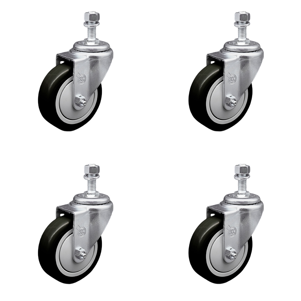 SCC-TS20S414-PPUB-BLK-M1215-4 Polyurethane Swivel Threaded Stem Caster with 4 x 1.25 in. Black Wheels & 12 mm Stems - Set of 4