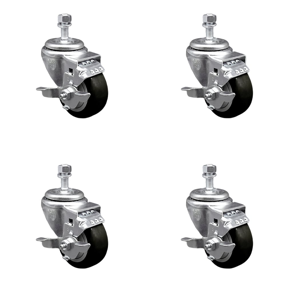 SCC-SSTS20S314-PPUB-BLK-TLB-M1215-4 Stainless Steel Polyurethane Swivel Threaded Stem Caster with 3 x 1.25 in. Black Wheels & 12 mm Stems - Set of 4