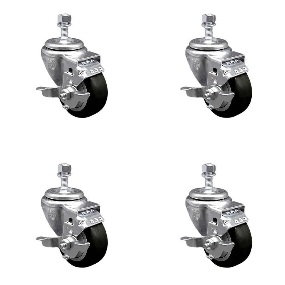 Stainless Steel Polyurethane Swivel Threaded Stem Caster with 3.5 x 1.25 in. Black Wheels & 12 mm Stems - Set of 4