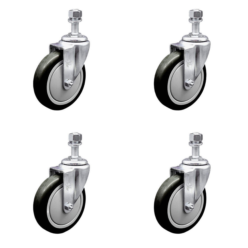 SCC-SSTS20S514-PPUB-BLK-M1215-4 Stainless Steel Polyurethane Swivel Threaded Stem Caster with 5 x 1.25 in. Black Wheels & 12 mm Stems - Set of 4