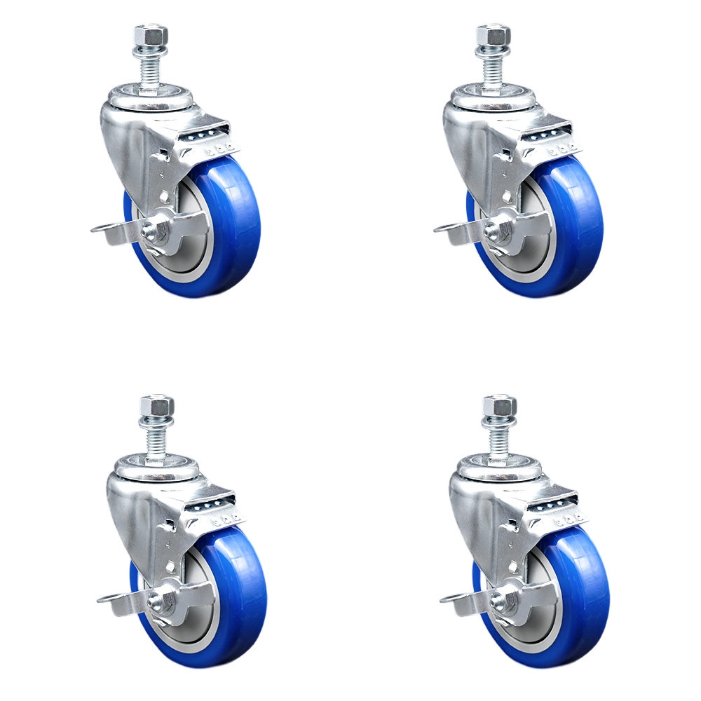 Stainless Steel Polyurethane Swivel Threaded Stem Caster with 4 x 1.25 in. Blue Wheels & 0.5 in. Stems - Set of 4