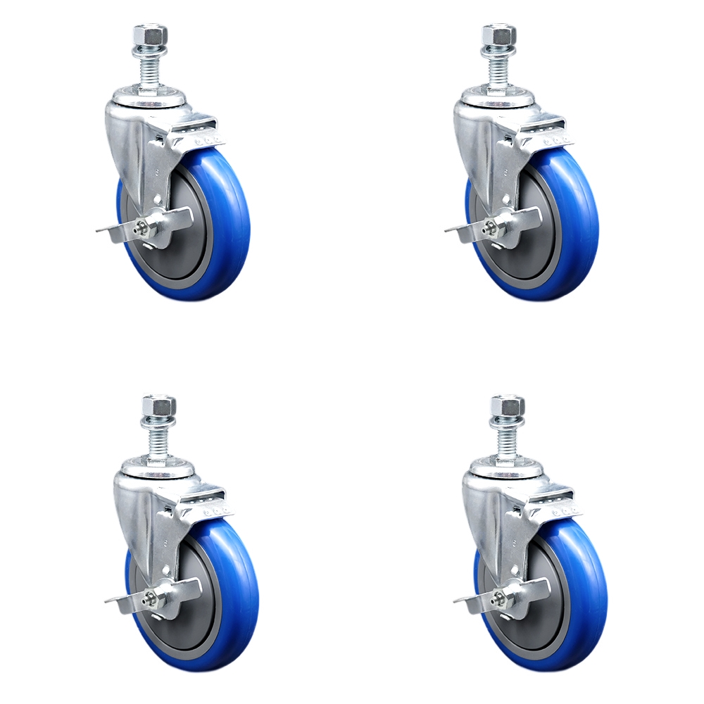 Stainless Steel Polyurethane Swivel Threaded Stem Caster with 5 x 1.25 in. Blue Wheels & 0.5 in. Stems - Set of 4