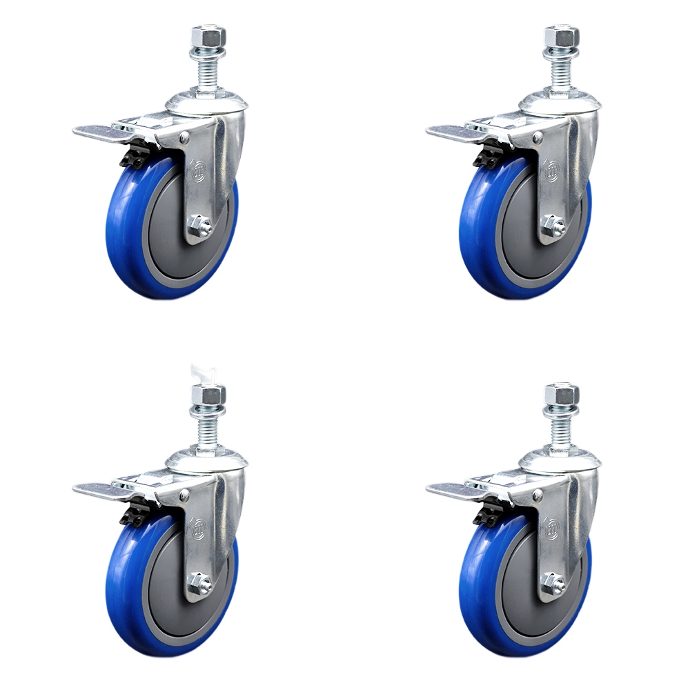 Stainless Steel Polyurethane Swivel Threaded Stem Caster with 5 x 1.25 in. Blue Wheels & 0.5 in. Stems - Set of 4