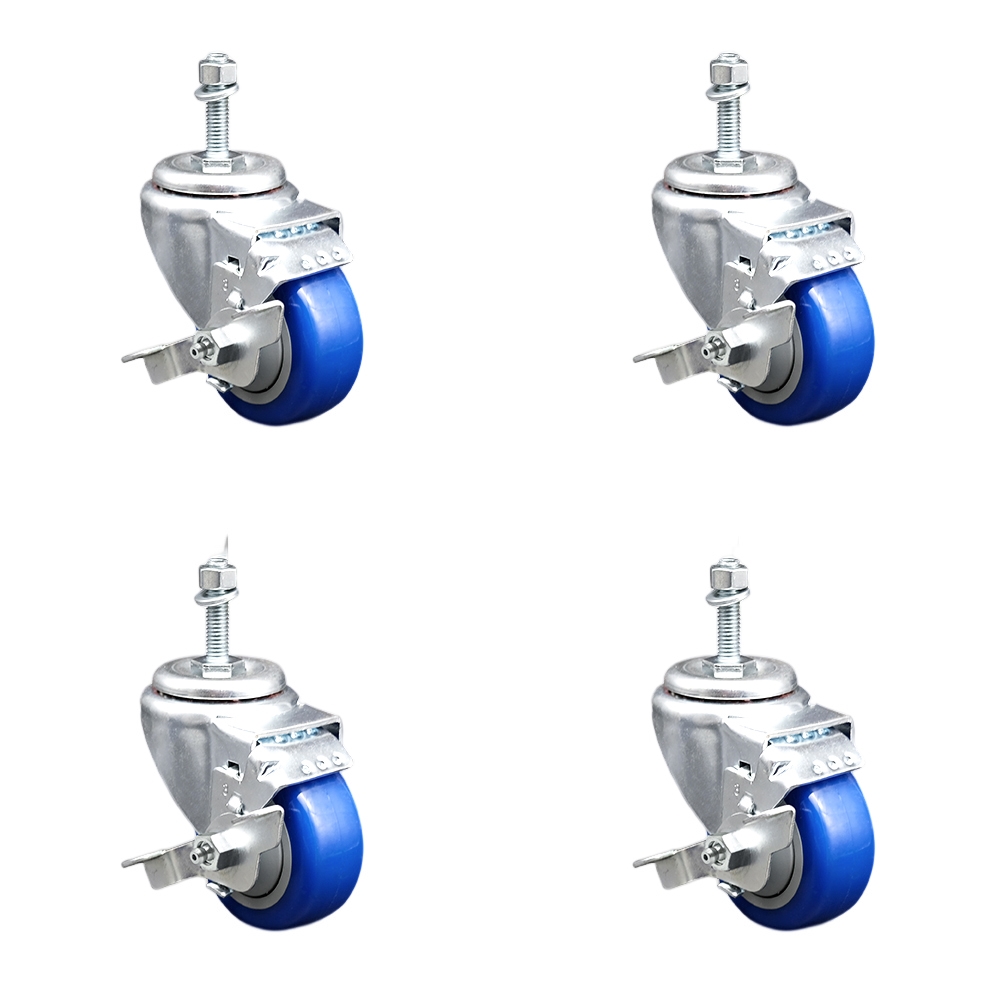 SCC-SSTS20S314-PPUB-BLUE-TLB-M1015-4 Stainless Steel Polyurethane Swivel Threaded Stem Caster with 3 x 1.25 in. Blue Wheels & 10 mm Stems - Set of 4