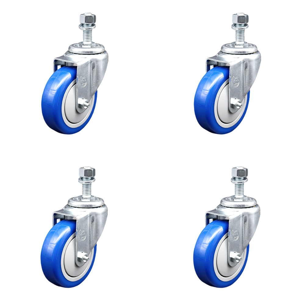 SCC-TS20S414-PPUB-BLUE-M1215-4 Polyurethane Swivel Threaded Stem Caster with 4 x 1.25 in. Blue Wheels & 12 mm Stems - Set of 4