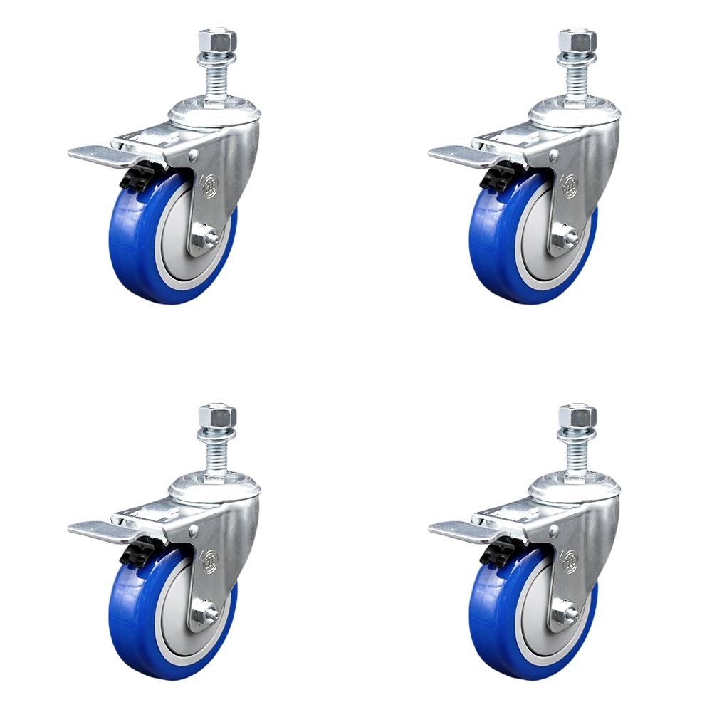 SCC-SSTSTTL20S414-PPUB-BLUE-M1215-4 Stainless Steel Polyurethane Swivel Threaded Stem Caster with 4 x 1.25 in. Blue Wheels & 12 mm Stems - Set of 4