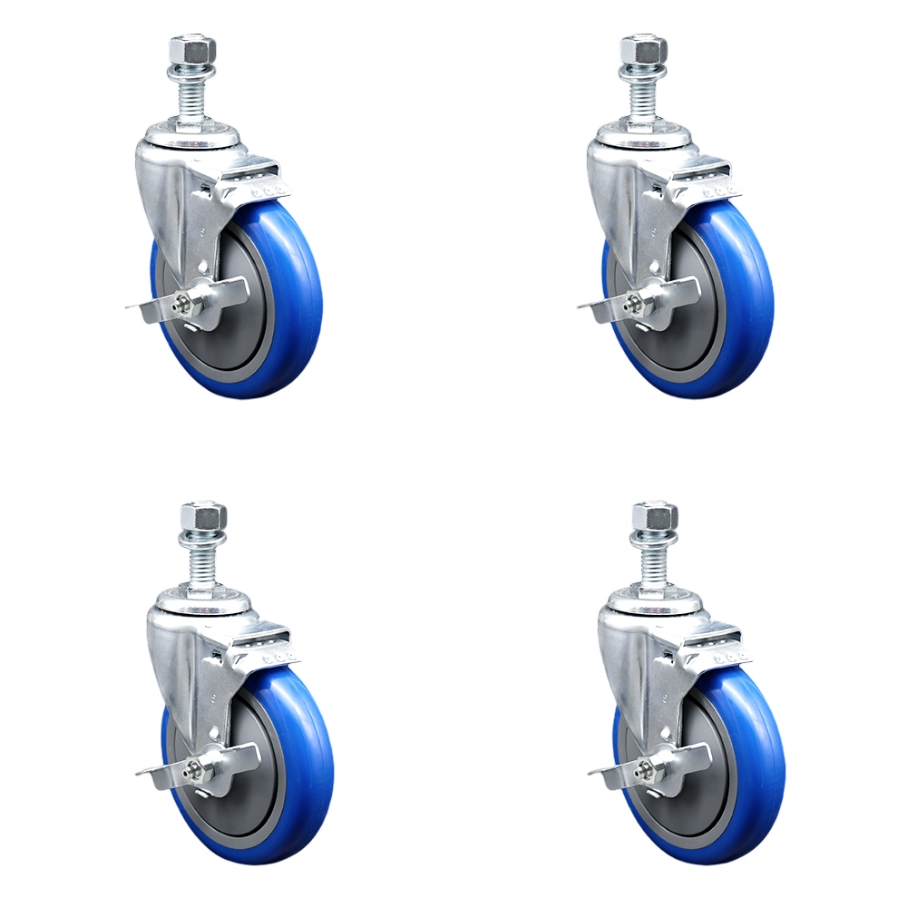 SCC-SSTS20S514-PPUB-BLUE-TLB-M1215-4 Stainless Steel Polyurethane Swivel Threaded Stem Caster with 5 x 1.25 in. Blue Wheels & 12 mm Stems - Set of 4