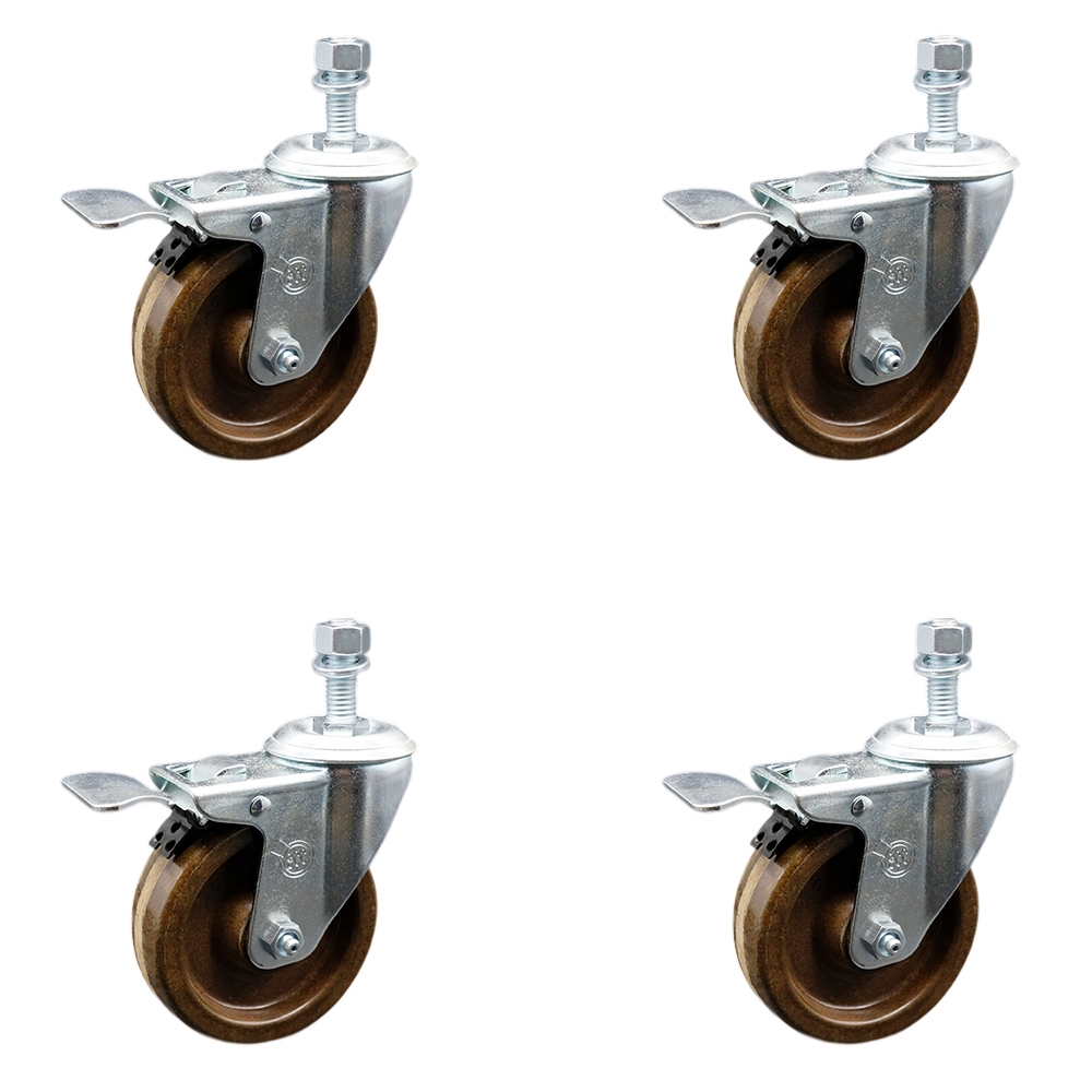 Stainless Steel High Temperature Phenolic Swivel Threaded Stem Caster with 4 x 1.25 in. Brown Wheels & 0.5 in. Stems - Set of 4