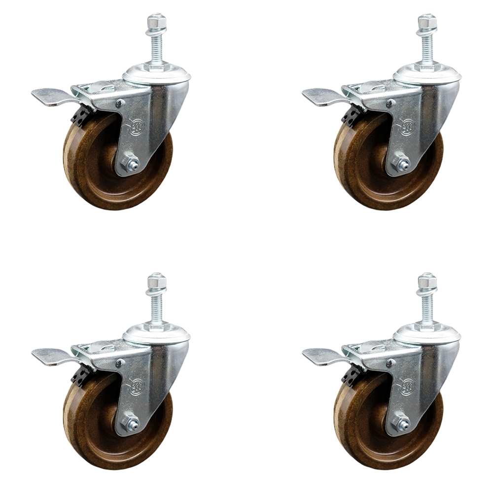 Stainless Steel High Temperature Phenolic Swivel Threaded Stem Caster with 4 x 1.25 in. Brown Wheels & 0.38 in. Stems - Set of 4