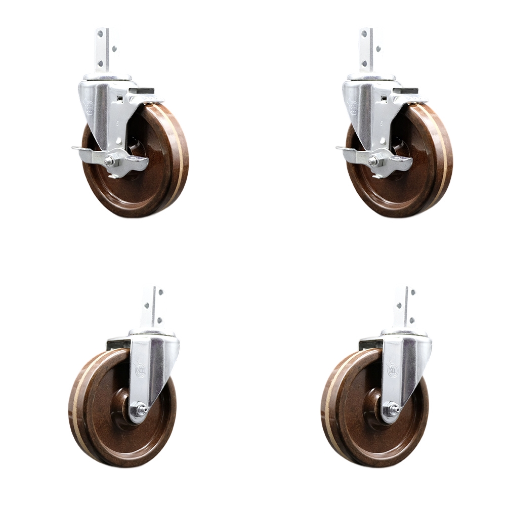 Swivel Square Stem Caster with 5 x 1.25 in. Brown High Temperature Phenolic Wheel, 0.75 x 2 in. Square Stem - Set of 4
