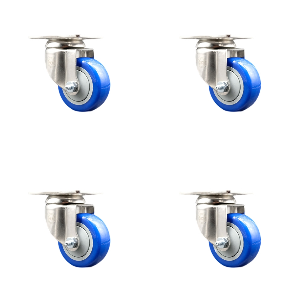 SCC-SS31620S314-PPUB-BLUE-4 Polyurethane Swivel Top Plate Caster with 3 in. 316 Stainless Steel Blue Wheels - Set of 4