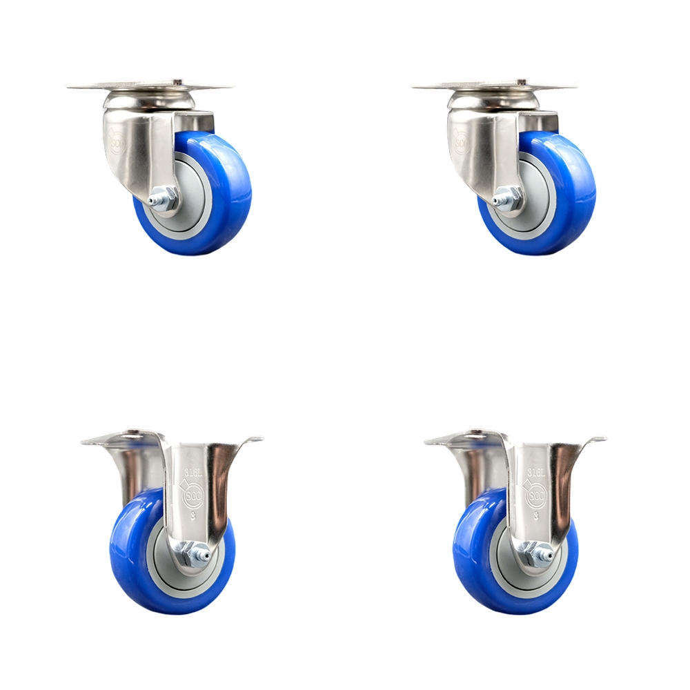 SCC-SS31620S3514-PPUB-BLUE-2-R-2 Polyurethane Swivel Top Plate Caster with 3.5 in. 316 Stainless Steel Blue Wheels - Set of 4