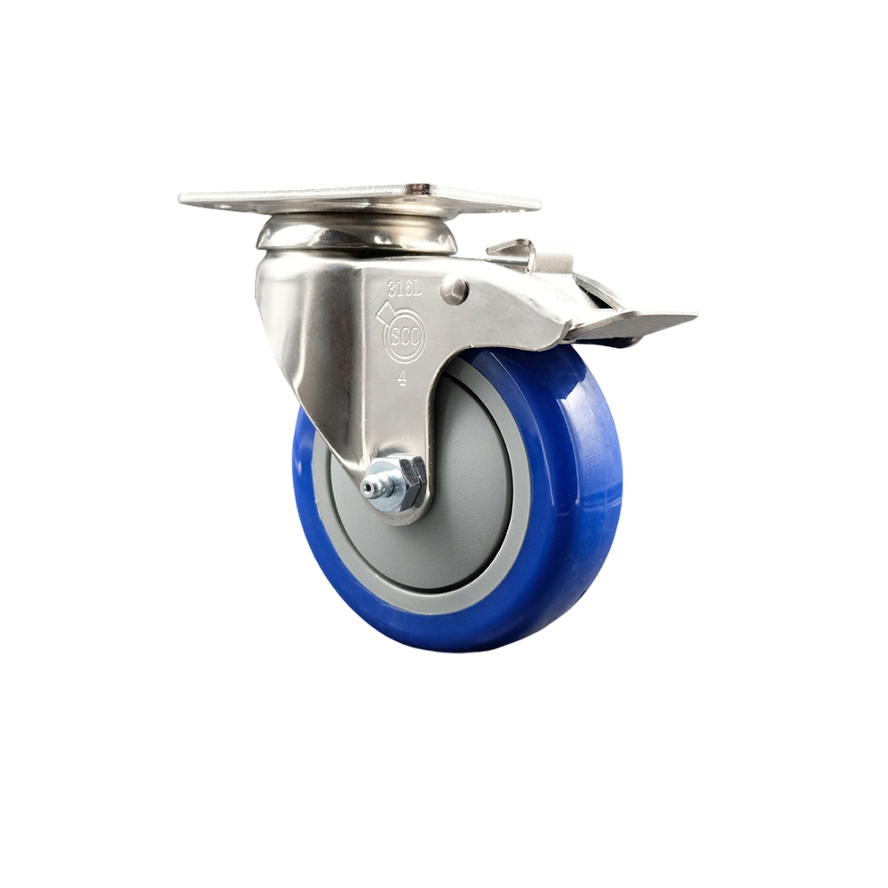 SCC-SS316TTL20S414-PPUB-BLUE Polyurethane Swivel Top Plate Caster with 4 in. 316 Stainless Steel Blue Caster Wheel & Total Lock Brake