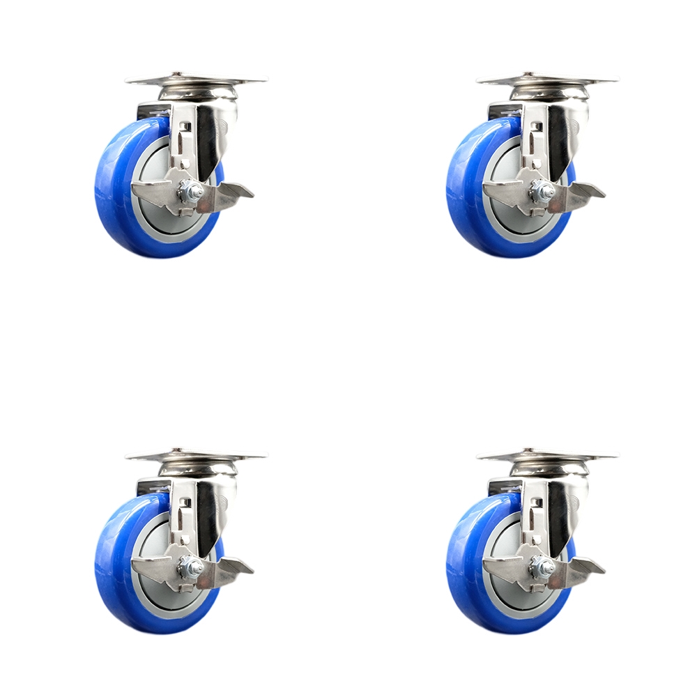 SCC-SS31620S414-PPUB-BLUE-TLB-4 Polyurethane Swivel Top Plate Caster with 4 in. 316 Stainless Steel Blue Wheels - Set of 4