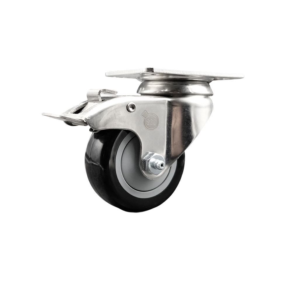 SCC-SS316TTL20S3514-PPUB-BLK Polyurethane Swivel Top Plate Caster with 3.5 in. 316 Stainless Steel Black Caster Wheel & Total Lock Brake