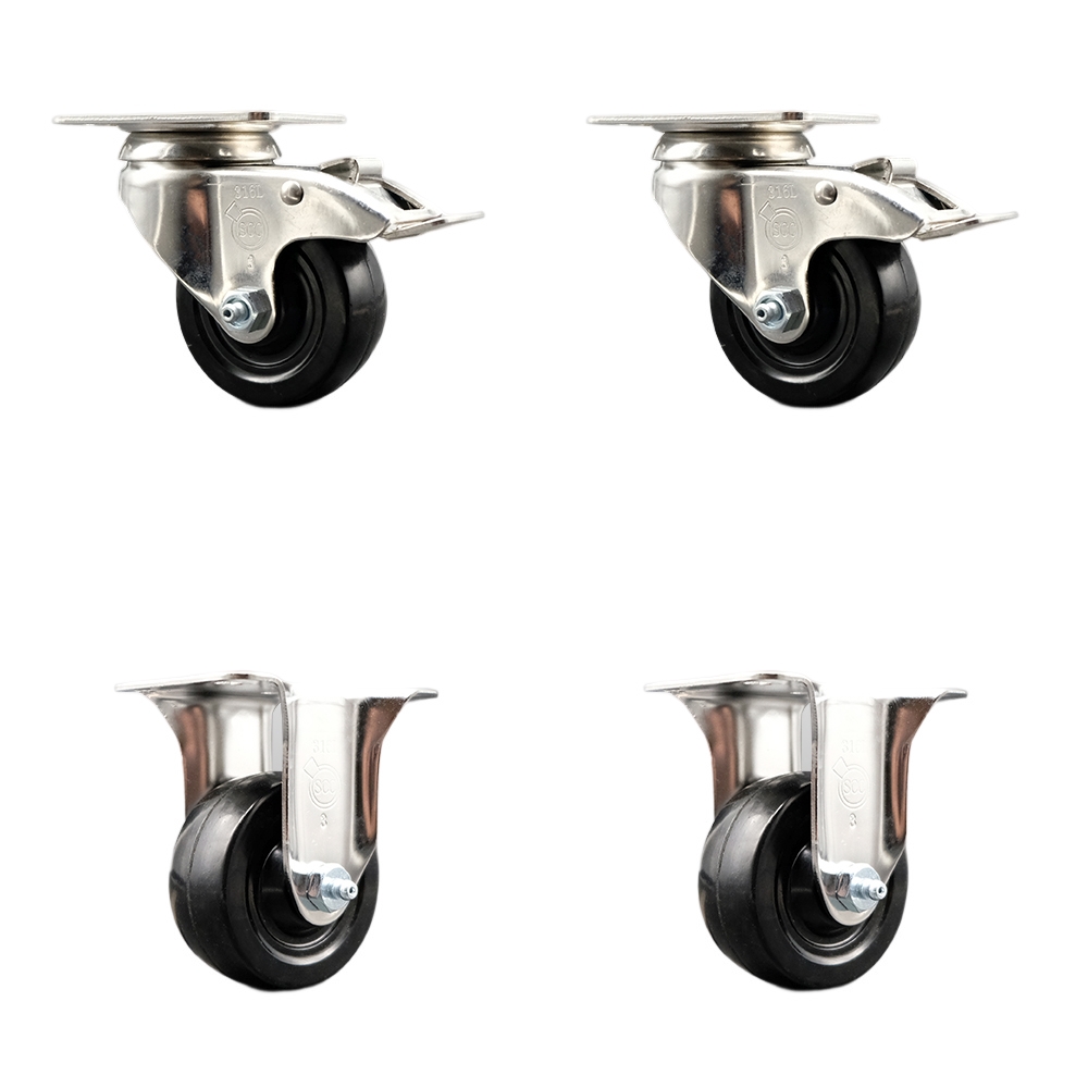 SCC-SS316TTL20S314-HRS-2-R-2 Hard Rubber Swivel Top Plate Caster with 3 in. Black Caster Wheels - 316 Stainless Steel Casters - Set of 4