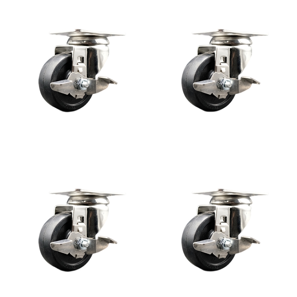 SCC-SS31620S3514-HRS-TLB-4 Hard Rubber Swivel Top Plate Caster with 3.5 in. Black Caster Wheels - 316 Stainless Steel Casters - Set of 4