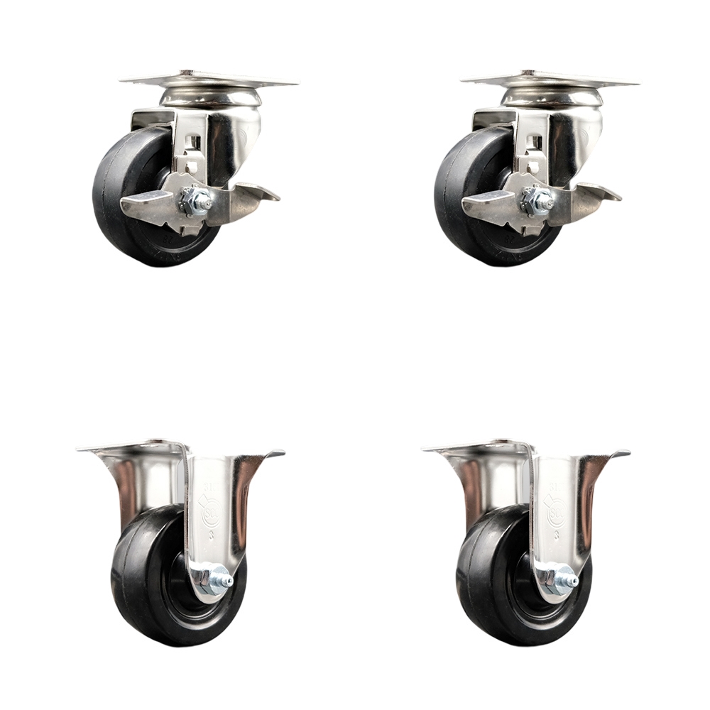 SCC-SS31620S3514-HRS-TLB-2-R-2 Hard Rubber Swivel Top Plate Caster with 3.5 in. Black Caster Wheels - 316 Stainless Steel Casters - Set of 4