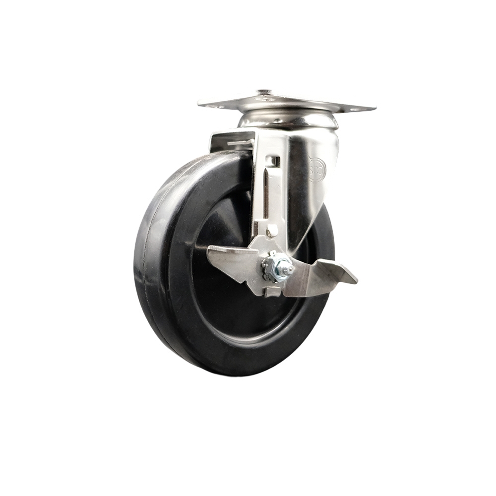 SCC-SS31620S514-HRS-TLB Hard Rubber Swivel Top Plate Caster with 5 in. Black Caster Wheel & Top Lock Brake - 316 Stainless Steel Caster
